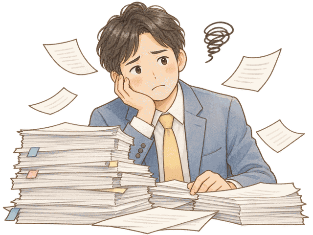 書類の山を前に、頬に手を当てて困っている男性事務員