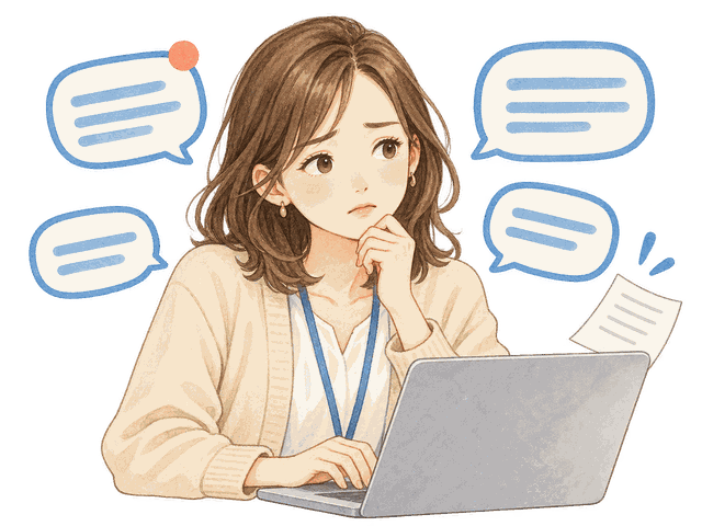 パソコンに向かい、次々に届く確認の吹き出しに追われる女性